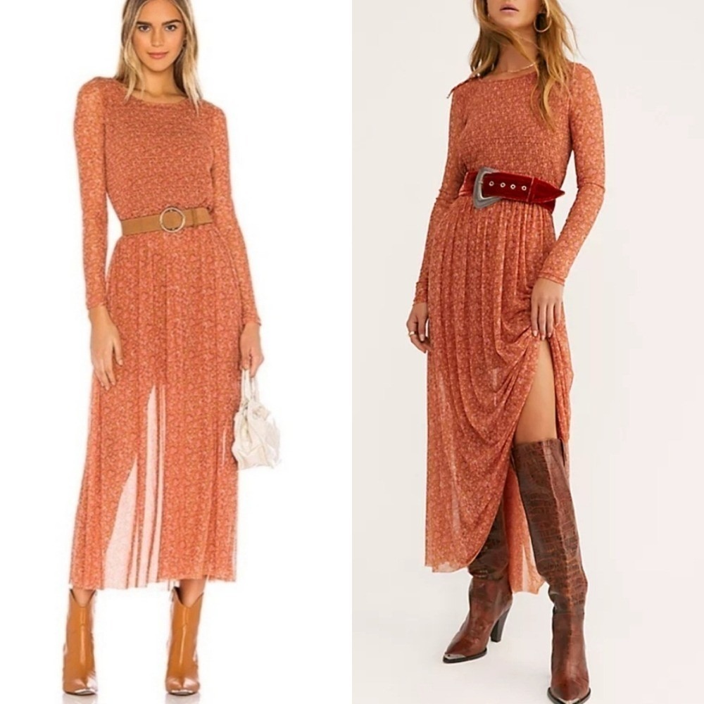 Free People Hello and Goodbye Orange Floral Mesh Smocked Midi Dress SZ Small - Picture 4 of 14